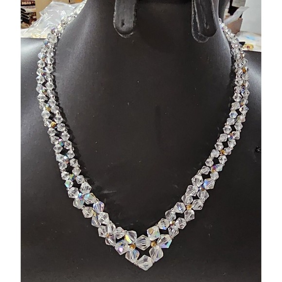 Austrian Crystal Bicone Necklace Handmade Woven Clear Aurora Borealis Silver - Picture 1 of 7